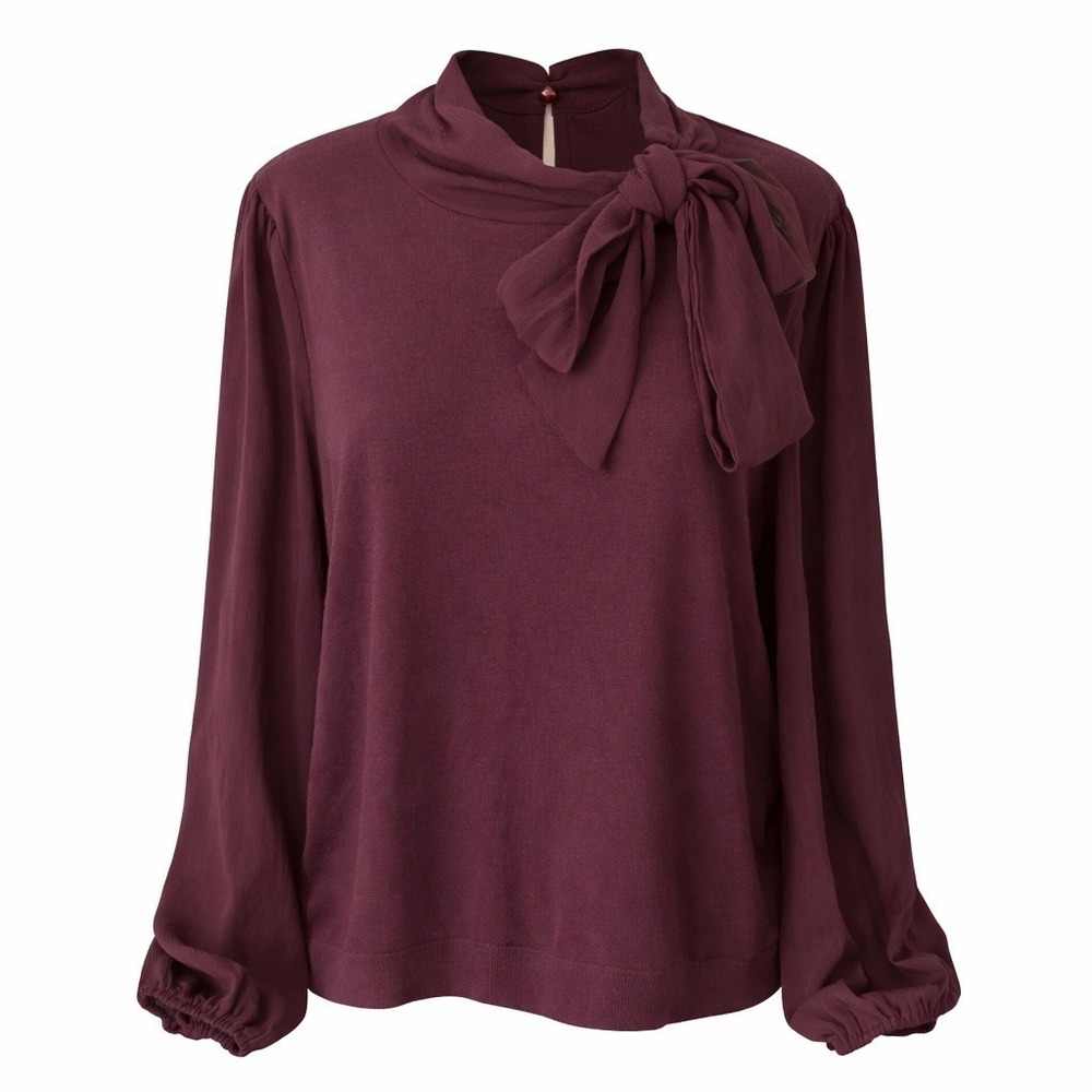 Adrianna Papell Maroon Blouse Sz L Bow Holiday Dressy Party Church Dark Feminine